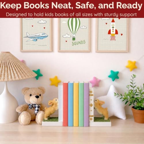 Bunny Bookend Set with 4 Bookmarks – Cute Rabbit Book Holders for Kids Books, Childrens Room Shelves, White Forest Animal Bookends, Peter Rabbit Book Decorations, Gift for Baby Nursery Bunnies - Image 7