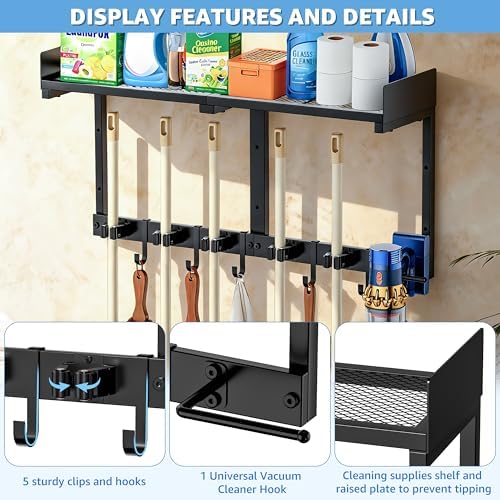 27" Mop and Broom Holder Wall Mount with Top Storage Shelf & Hooks,Black - Image 5