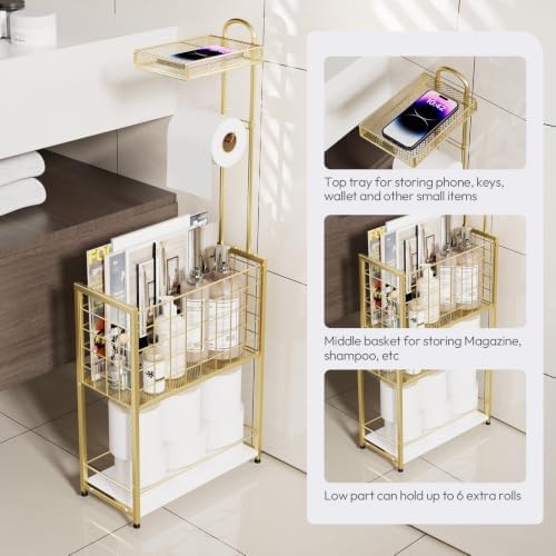 SWTYMIKI Freestanding Toilet Paper Holder - 4-Tier Free Standing Toilet Paper Holder Stand with Large Basket, Stand Mega Roll Storage Rack for Extra Rolls, Magazines, Wet Wipes, Gold - Image 2