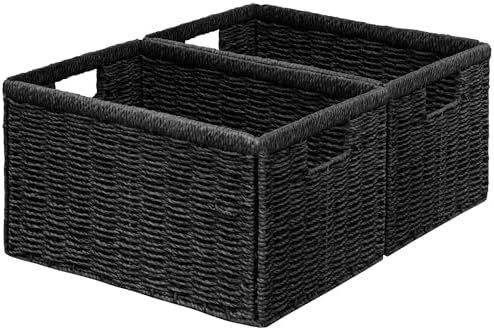 Vagusicc 2 Packs Large Wicker Storage Basket, Closet Storage Baskets Bins for Shelves, Decorative Collapsible Baskets for Organizing Clothes Toy Nursery Bathroom Organizers and Storage, Black by Vagusicc