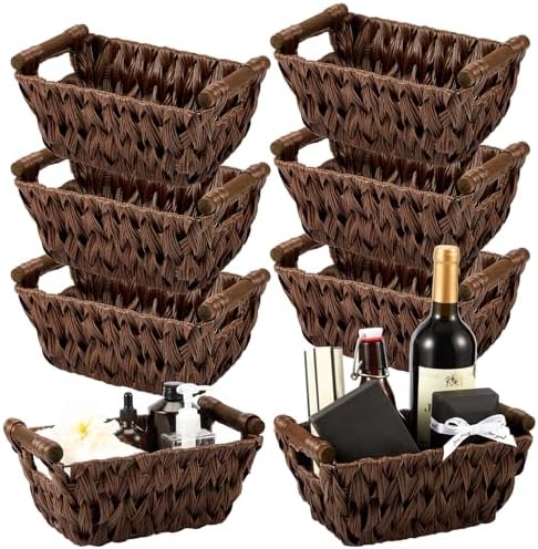 Marsui 6 Pcs Small Wicker Baskets for Gifts Empty 9 x 6 x 4 Inches Hand Woven Seagrass Rattan Towel Baskets Bin Organizer Shelf Pantry for Bathroom Storage Towel Kitchen Toilet Room (Coffee) by Marsui