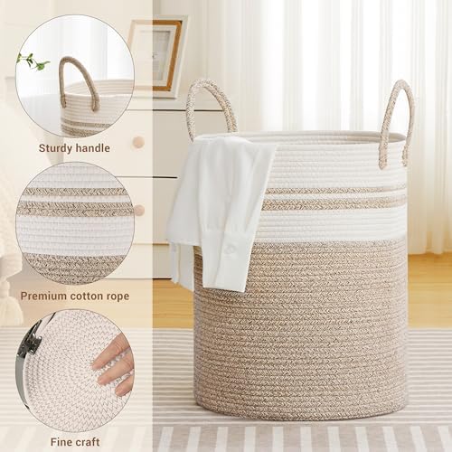 88L Large Tall Cotton Rope Laundry Basket with Handles, White & Brown - Image 3