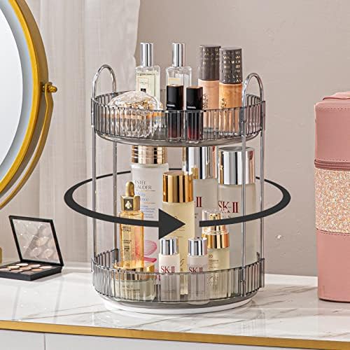 shuang qing Rotating Makeup Organizer for Vanity, High-Capacity Skincare Clear Make Up Storage Perfume Organizers Cosmetic Dresser Organizer Countertop 360 Spinning (Gray, 2 Tier) by SHUANGQING