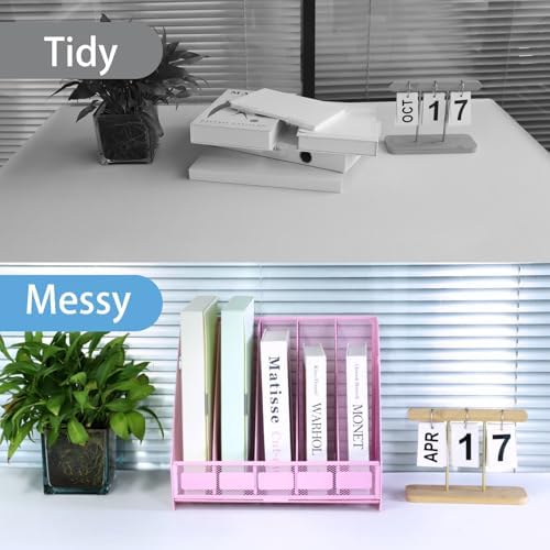 Desk Organizers Metal Magazine File Holder Racks Desktop Folder Storage Binder Organiser Document Organization for Home Office & Classroom,5 Vertical Compartments-Pink - Image 5