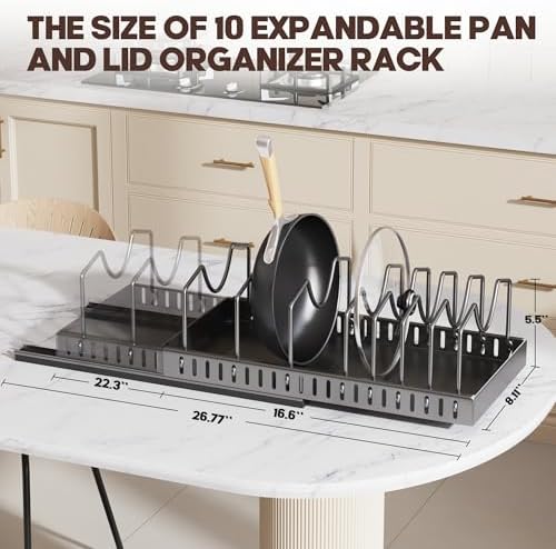 Pull Out Pots and Pans Organizer Under Cabinet, Expandable Sliding Lid Holder and Pan Rack for Kitchen, Slide Out inside Cabinet for Pot Lid, Bakeware, Dishes, 10 Adjustable Dividers, 1 Pack Black - Image 3