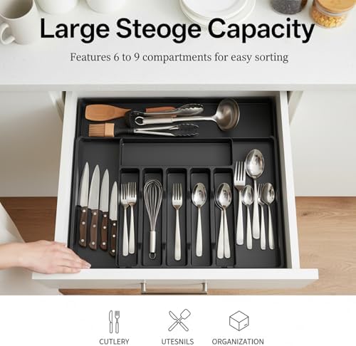 Silverware Organizer, Large Expandable Utensil Drawer Organizer, Cutlery Storage Divider for Forks, Spoons, Knives in Kitchen (Black) - Image 3