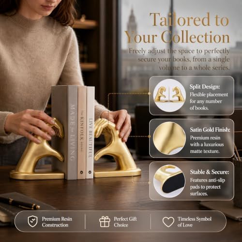 Gold Decorative Bookends for Shelves, Heart Hands Resin Sculpture with Non-Slip Felt Base, Modern Book Ends for Living Room, Bedroom and Office,Larger Size-10.43x3.93x5.51 - Image 2