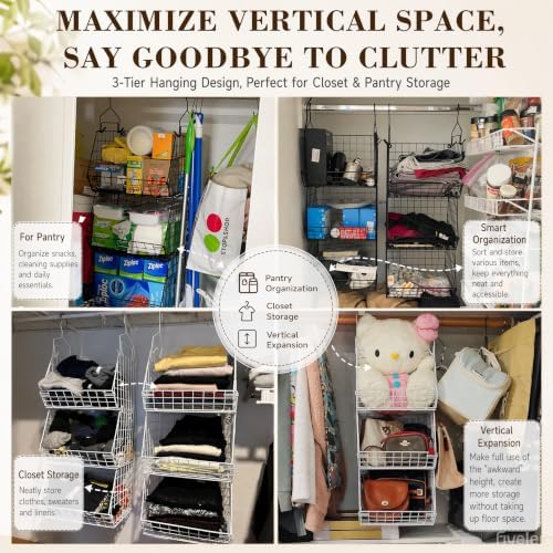 X-cosrack 3-Tier Hanging Closet Organizer, Laundry Room Organization | Space Saving Shelves with 1.65" Hook & 5 S-Hooks | Hanging Wire Baskets (12.4" W x 8.8" H x 10.24-11.8" D) - Image 6