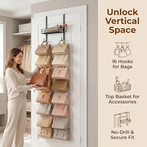Over the Door Purse Organizer, Wall Mounted Handbag Storage Rack with 16 Hooks and Mesh Basket, Heavy Duty Carbon Steel Bag Holder for Closet, Entryway, Apartment Essentials, Splitable Design, Black - Image 7