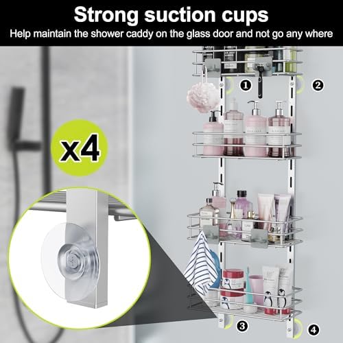 Orimade Over the Door Shower Caddy Adjustable 5 Tier Silver Grey,Bathroom Hanging Organizer Shelf Rustproof with 4 Hooks,Shower Basket with Soap Holder and Suction Cup - Image 2