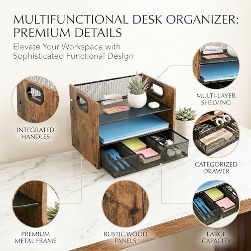 Wood Desk Organizer - 3-Tier Desktop File Organizer with Drawer, Wooden Paper Tray, Office Desk Organzier and Accessories for Papers, Mail, Notebooks, Stationery - Image 5