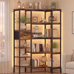YOSHOOT L-Shaped Corner Bookshelf with LED Light Strips & Fabric Drawer, 5-Tier Industrial Convertible Book Shelf Freestanding Display Shelf for Living Room, Home Office, Bedroom (Rustic) by YOSHOOT