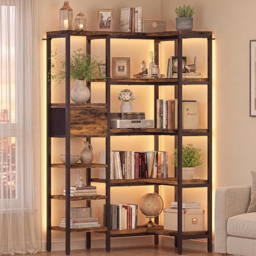 YOSHOOT L-Shaped Corner Bookshelf with LED Light Strips & Fabric Drawer, 5-Tier Industrial Convertible Book Shelf Freestanding Display Shelf for Living Room, Home Office, Bedroom (Rustic) by YOSHOOT