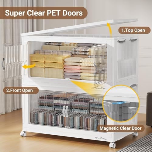 BROVIEW 600Qt Extra Large Stackable Storage Bins with Lid, Closet Organizer Collapsible Drawer Boxes with Wheels, Folding Plastic Cabinet Containers for Home Kitchen Room Organization, 3Pack White - Image 3
