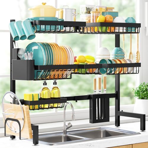 Sakugi Over The Sink Dish Drying Rack - Adjustable 3 Tier XX-Large Capacity Stainless Steel Drainer with Cutlery & Utensil Holders, Kitchen Storage & Organization, 31.5"-39.5"L x 12"W x 30.5"H, Black by Sakugi