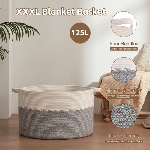 OIAHOMY 125L Extra Large Blanket Basket, Jumbo Cotton Laundry Basket Grey - Image 5