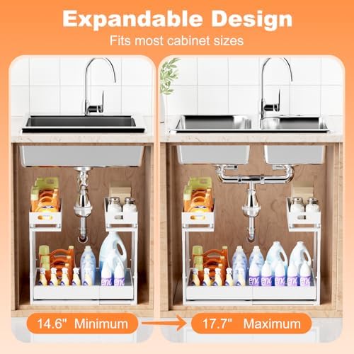 Upgrade 1 Pack Expandable Under Sink Organizer: 2-Tier Pull Out Cabinet with 3 Heavy-Duty Ball-Bearing Slide Rails, Tool-Free Height Adjustable, Slide-Out Drawers for Kitchen, Bathroom, Laundry - Image 6