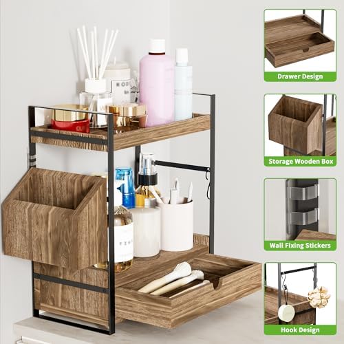 2-Tier Bathroom Counter Organizer, Wooden Vanity Shelf with Drawer & Basket - Image 3