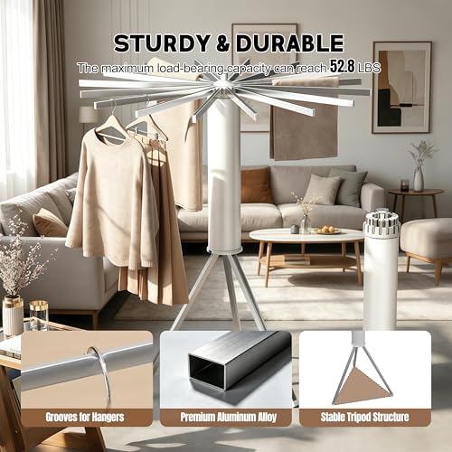Clothes Drying Rack Foldable, Rotary Tripod Laundry Drying Rack,16 Aluminum Poles,Rotatable Portable Floor Standing Clothes Airer,Laundry Drying Rack Floor Standing - Image 4