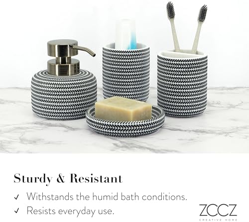 ZCCZ Black and White Bathroom Accessories Set, 4 Pieces - Toothbrush Holder, Soap Dispenser, Vanity Tray, Tumbler - Countertop Organizer for Bathroom Decor - Modern Accessory Set for Home and Office - Image 5