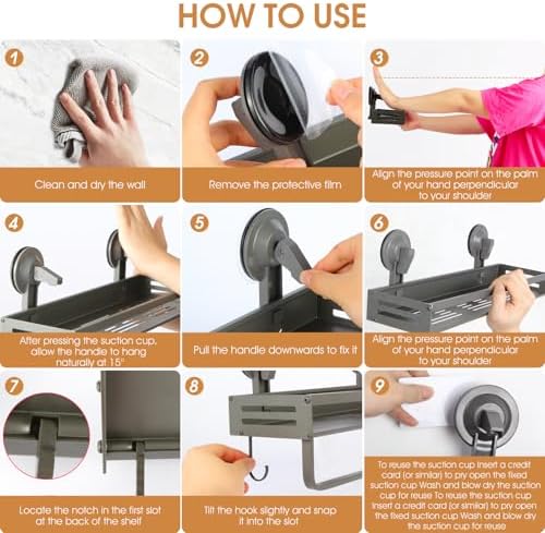 Suction Cup Shower Caddy with 5 Hooks & Towel Rrack 15.7inch Grey - Image 6