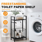 Black Freestanding Toilet Paper Holder Stand with Shelf and Storage, All-in-One Bathroom Tissue Roll Dispenser with Extra Space for Toilet Rolls, Wet Wipes, Phones, Tablets and Magazines - Image 5