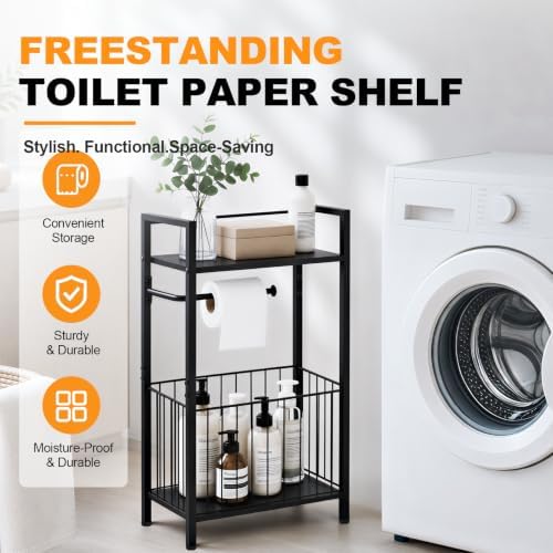 Black Freestanding Toilet Paper Holder Stand with Shelf and Storage, All-in-One Bathroom Tissue Roll Dispenser with Extra Space for Toilet Rolls, Wet Wipes, Phones, Tablets and Magazines - Image 5