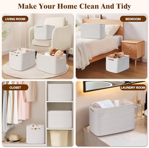 Storage Baskets for Organizing, 4 Pack Baskets for Shelves, Decorative Storage Bins for Shelves, Cotton Rope Storage Basket with Handles, Woven Basket for Storage, 13''Lx8.7''Wx7.9''H, White - Image 6
