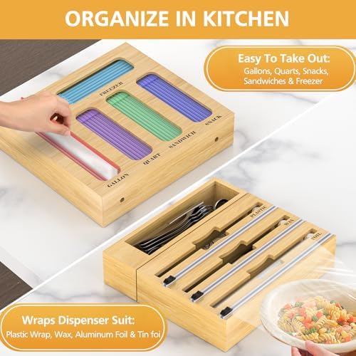Storage Bag Organizer for Kitchen Drawer, 9 in 1 Foil and Plastic Wrap Dispenser with Cutter, Bamboo Plastic Baggie Organizer for Gallon, Quart, Sandwich, Snack & 12"" Rolls, Orange - Image 4