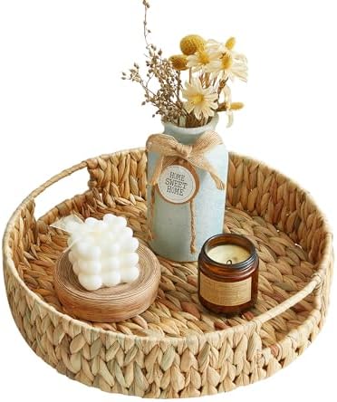 Round Water Hyacinth Serving Tray with Built-in Handles, Hand Woven Rattan Basket for Breakfast, Coffee, Tea, Snacks & Fruit, Decorative Storage Organizer, 13 Inch - Image 3