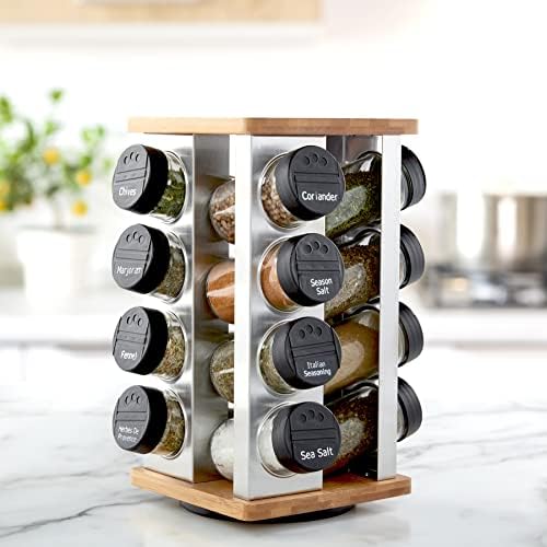 Kamenstein 16 Jar Warner Revolving Countertop Spice Rack Organizer with Lift & Pour Caps and Spices Included,FREE Spice Refills for 5 years,Stainless Steel & Bamboo with Black Caps,16-Jar (Pack of 2) - Image 3