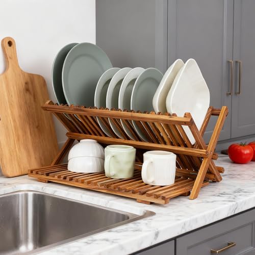Utoplike Large Teak Dish Drying Rack, Wood Collapsible Organizer for Plates - Image 5