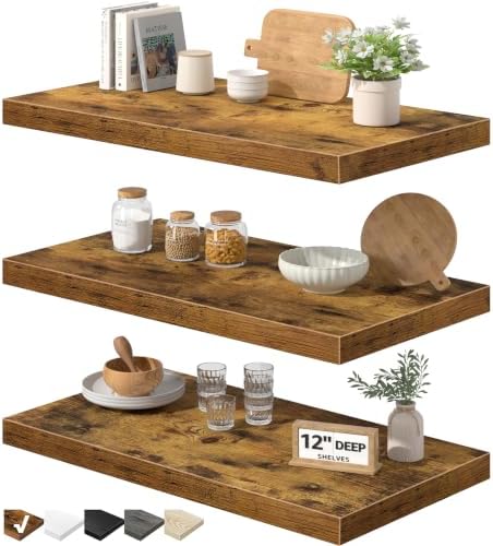 QEEIG 12" Deep Floating Shelves for Wall (Brown, Set of 3, 23.6" x 12") by QEEIG