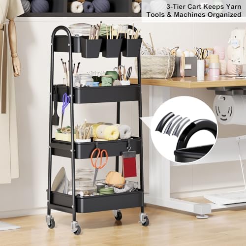 Black 4 Tier Rolling Cart Metal with Lockable Wheels,Four Tiered Dorm Carts - Image 4