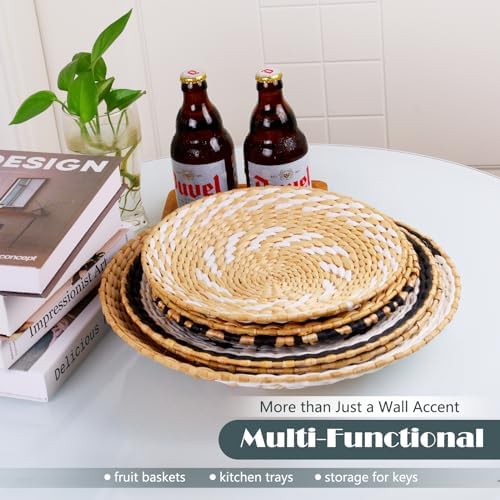 Set of 6 Large Round Rustic Farmhouse Trendy Wall Decor - Rattan Seegrass Handcrafted Hanging Woven Wall Baskets With Attached Hooks - Perfect For Bedroom & Living Room Decor - Image 5