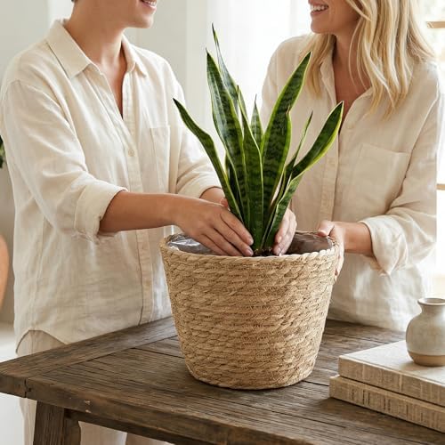 Set of 4 Seagrass Planter Basket, 6" 7" 9" 10" Hand Woven Plant Basket with Waterproof Plastic Liner, Round Natural Flower Pot for Indoor Outdoor Modern Home Decoration, Brown - Image 5