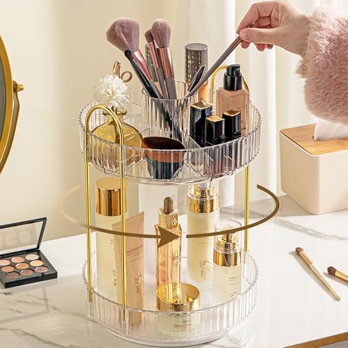 Aveniee 360 Rotating Makeup Organizer for Vanity, Upagraded Perfume Skincare Bathroom Counter Organizers with Brush Divider, Two Tier Spinning Lipstick Cosmetic Lotion Storage,White by Aveniee