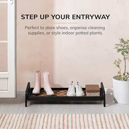 Anji Mountain Heavy Duty Waterproof Wooden Shoe Storage Mat Organizer/Boot Storage Tray Multi Use for Entryway with Coir, Tan and Black Trellis Insert, 1 Tier, Fits 3 Pair (36.5" Wide) - Image 2