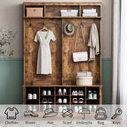 Wodeer Hall Tree with Bench and Shoe Storage, 53" Farmhouse 4-in-1 Mudroom Storage Organizer with Coat Rack, 6 Hooks, 12 Shoe Cubbies, Adjustable Shelf, for Entryway, Hallway, Living Room, Brown - Image 3