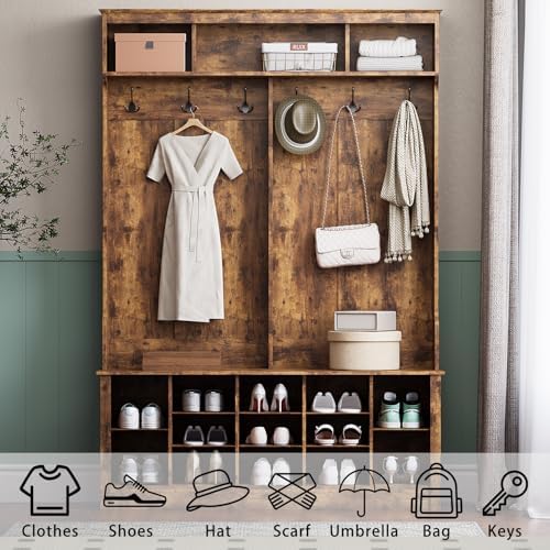 Wodeer Hall Tree with Bench and Shoe Storage, 53" Farmhouse 4-in-1 Mudroom Storage Organizer with Coat Rack, 6 Hooks, 12 Shoe Cubbies, Adjustable Shelf, for Entryway, Hallway, Living Room, Brown - Image 3