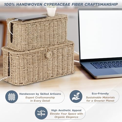 Bluewest 2-Pack Cable Management Box with Lids, Rattan Cord Organizer - Image 2