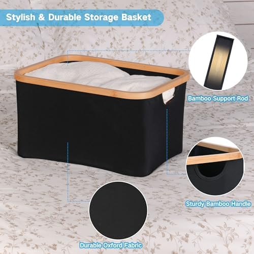 efluky Storage Baskets for Organizing, Fabric Storage Bins with Bamboo Handles, Collapsible Storage Baskets for Shelves and Closet (Black, 16.2'' x 13'' x 9.1'') - Image 3