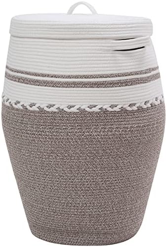 26"x20" Extra Large Tall Woven Laundry Basket with Lid, Cotton Rope Blanket Storage Basket, Freestanding Decorative Bin for Bedroom Living Room, Cream & Camel Marl by Cottonphant