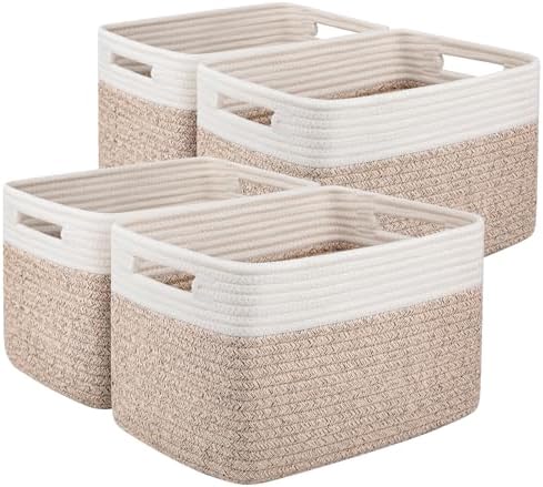 OIAHOMY 4 Pack Storage Basket, 13"x9"x7.8" Cotton Rope Baskets for Shelves, Closet Organizer for Bedroom & Living Room, Soft Decorative Bins for Organizing Towels, Books & Toys, Brown & White by MasterofSpaceOptimization