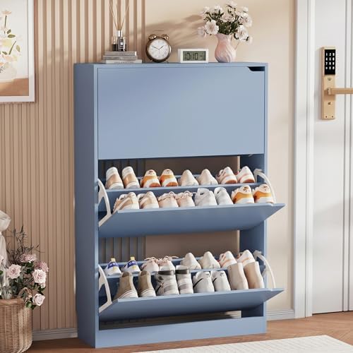 Shoe Storage Cabinet, Wood Shoe Organizer for Entryway with 3 Flip Drawers, Freestanding Shoe Rack with Adjustable Shelf, Narrow Shoe Dresser for Front Door Entrance (Blue, Standard 3 Drawers) by Boonatu