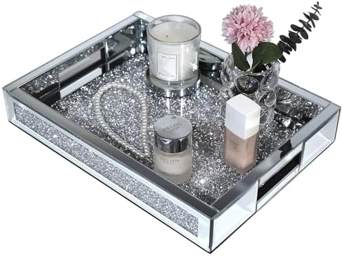 Large Vanity Tray for Perfume Organizer, 15x11 Inch Silver Mirror Tray with Handles, Crushed Diamond Tray for Bathroom Counter, Coffee Table Decor, Jewelry Display by joyshiny
