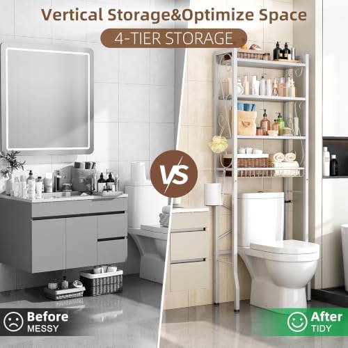 Over-The-Toilet Storage Rack 4-Tier,Bathroom Organizer Shelf Over Toilet,Adjustable Wooden Shelves and Basket,Freestanding Above Toilet Shelve,Space Saver for Rooms(White Rack-White Shelves) - Image 2