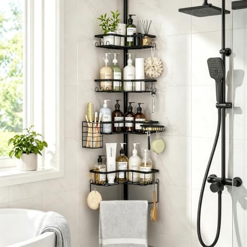 DTUQYX Corner Shower Caddy Tension Pole, 4-Tier Adjustable 43.5-120 Inch Rustproof Bathroom Organizer, L-Shaped Metal Shelf with Soap Toothbrush Holder & Upside-Down Bottle Slots for Home Apartment RV by DTUQYX