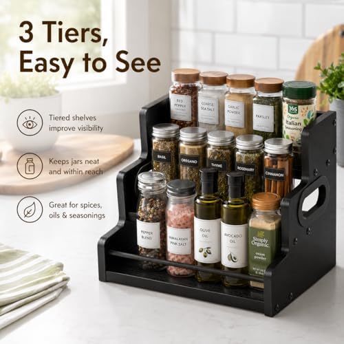 3 Tier Spice Rack Organizer for Cabinet, Wood Spice Shelf Storage, Kitchen Seasoning Organizer for Kitchen Countertop or Pantry, Spice Bottles, Bottles, Black - Image 3