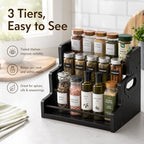 3 Tier Spice Rack Organizer for Cabinet, Wood Spice Shelf Storage, Kitchen Seasoning Organizer for Kitchen Countertop or Pantry, Spice Bottles, Bottles, Black - Image 3